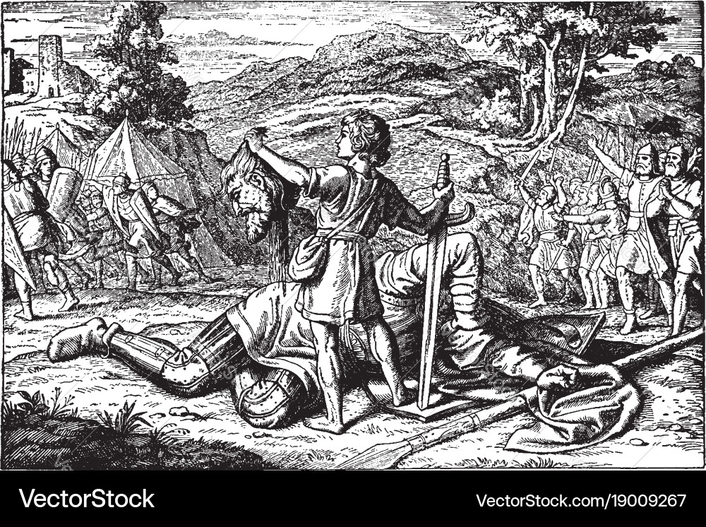 David and Goliath - Vintage Engraving Vector Image
