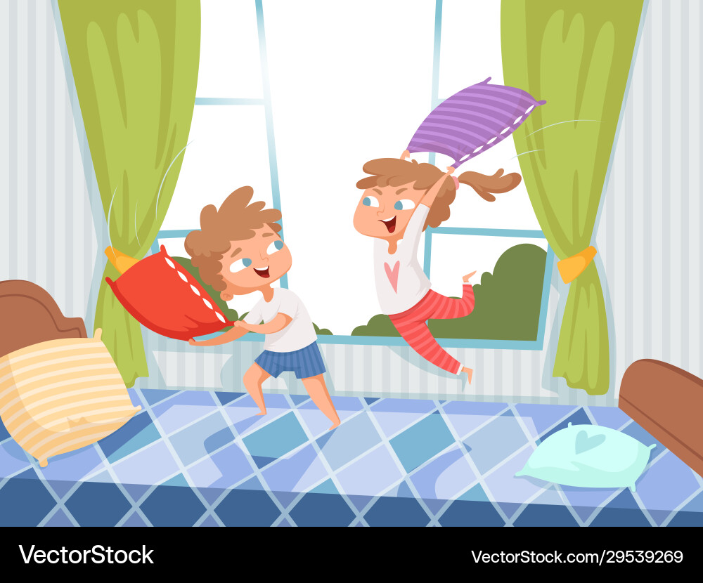 Kids Playing on Bed - Pillow Fight – Royalty-Free Vector | VectorStock, image size:1000x830