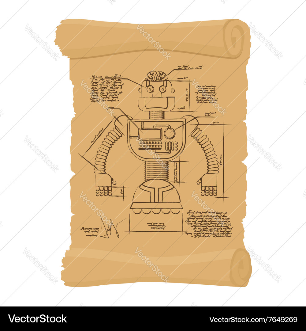 Old drawing of robot on scroll design Vector Image