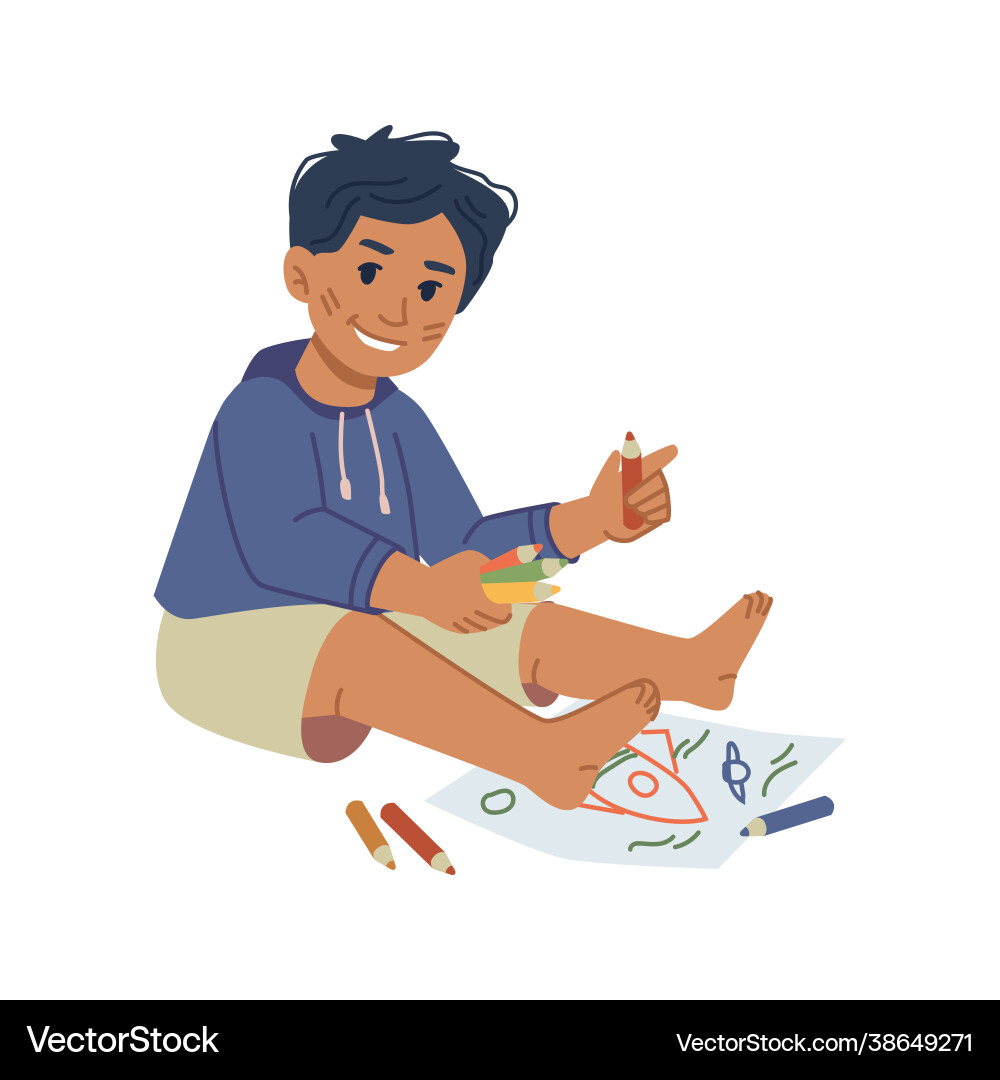 Boy kid drawing space ship on paper with crayons Boy kid drawing space ship on paper with crayons vector image