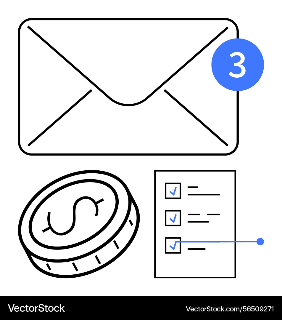 Email notification with coin and checklist Email notification with coin and checklist vector image