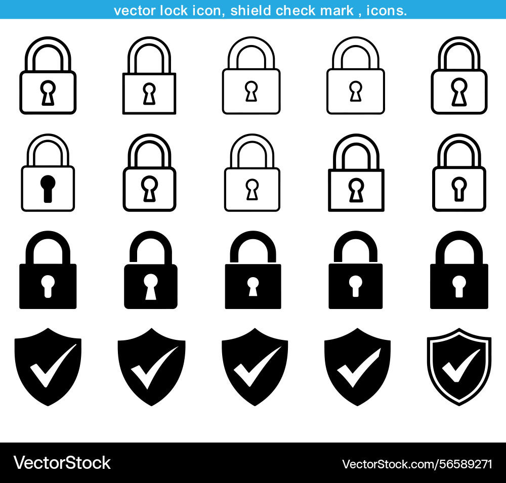 Set of padlock and shield check mark icons Vector Image
