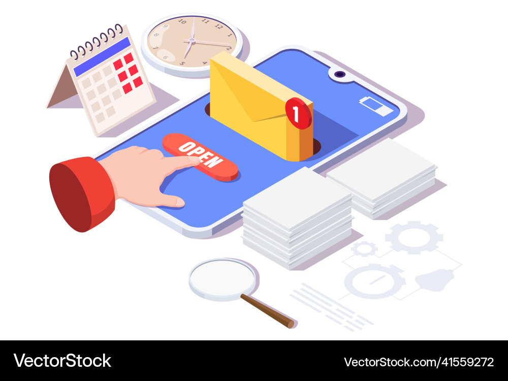 Smartphone with email envelope open button Smartphone with email envelope open button Vector Image