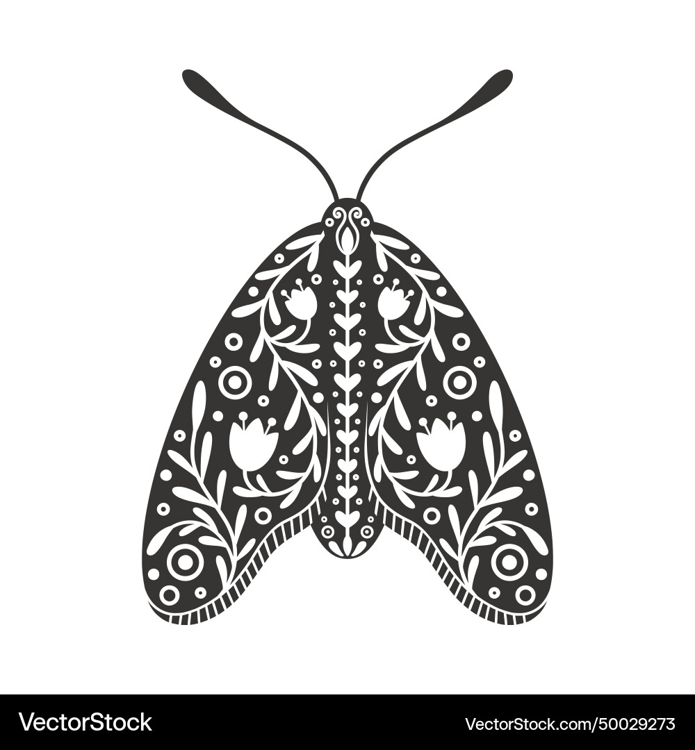 Moth icon with ornament of flowers and leaves Moth icon with ornament of flowers and leaves vector image