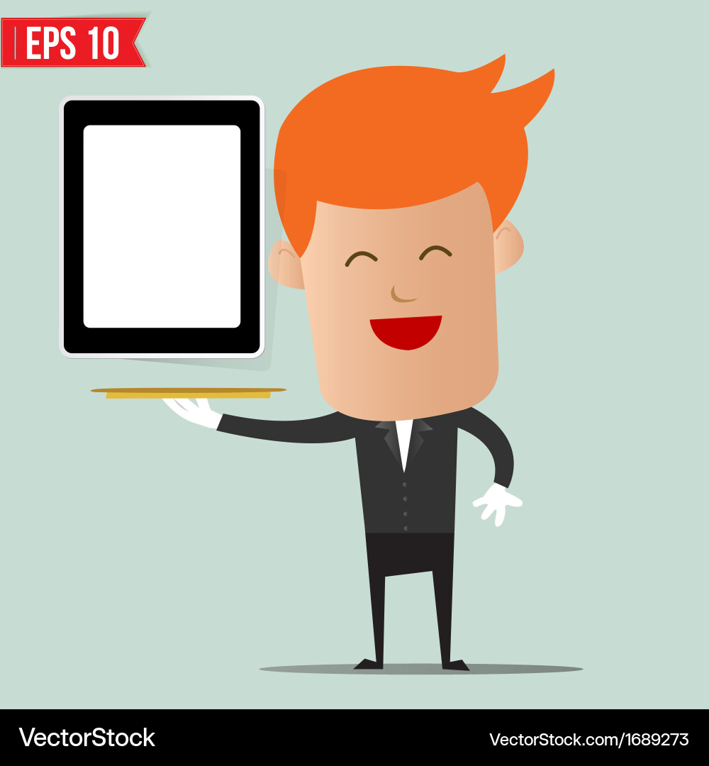 Waiter serving mobile device - eps10 Vector Image