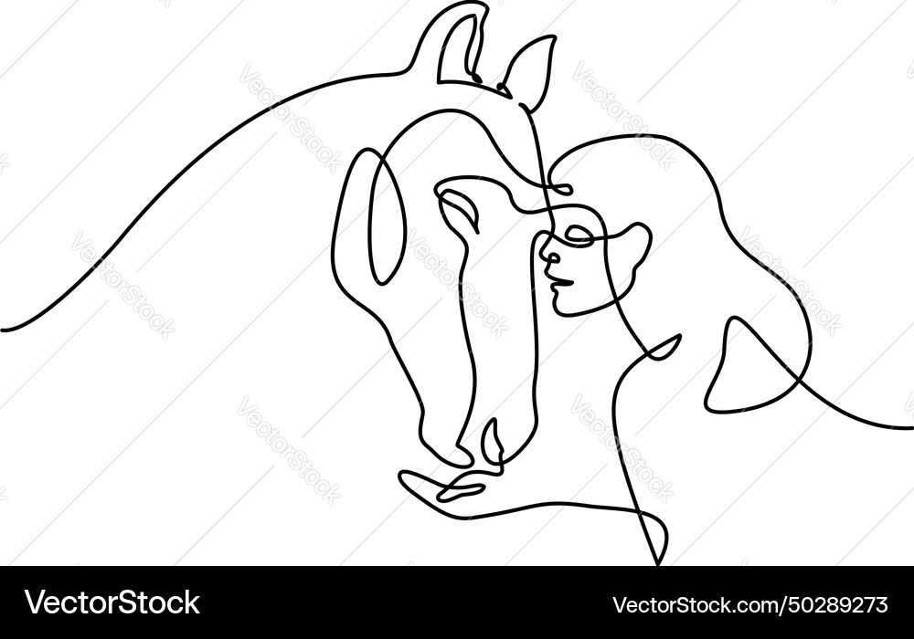 Woman Feeding Horse - Line Art Vector Image