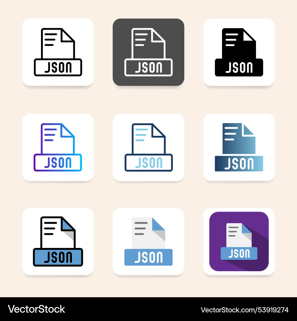 Set of json file format icons with a recognizable Vector Image