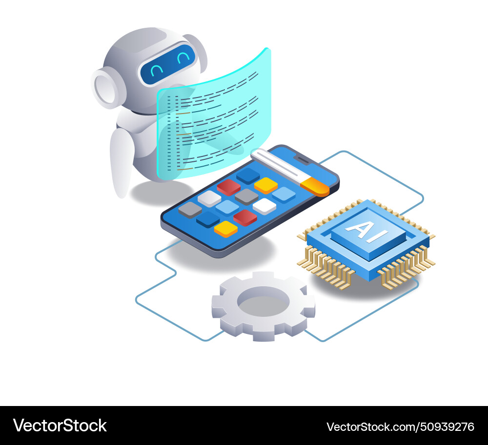 Ai robot builds smartphone application flat vector image