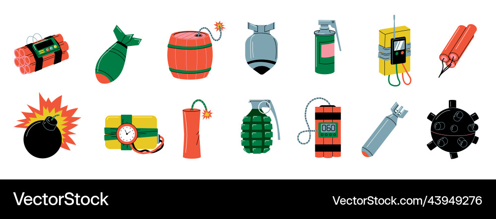 Explosive weapon cartoon bombs dynamite grenade Explosive weapon cartoon bombs dynamite grenade vector image