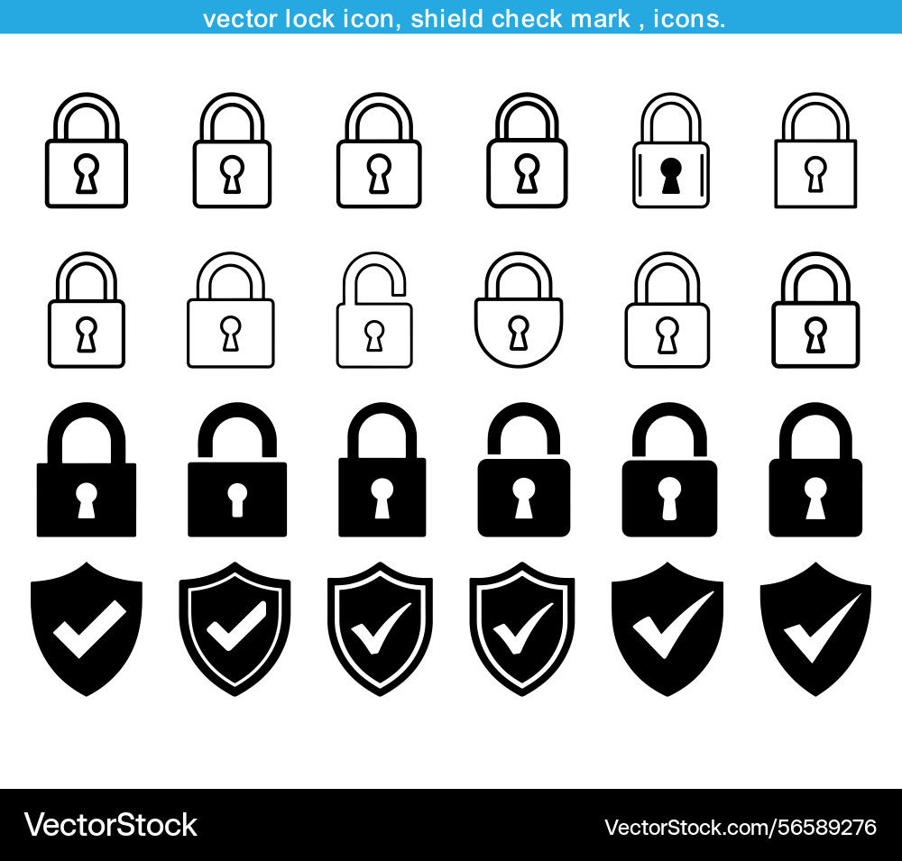 Set of padlock and shield check mark icons Set of padlock and shield check mark icons Vector Image