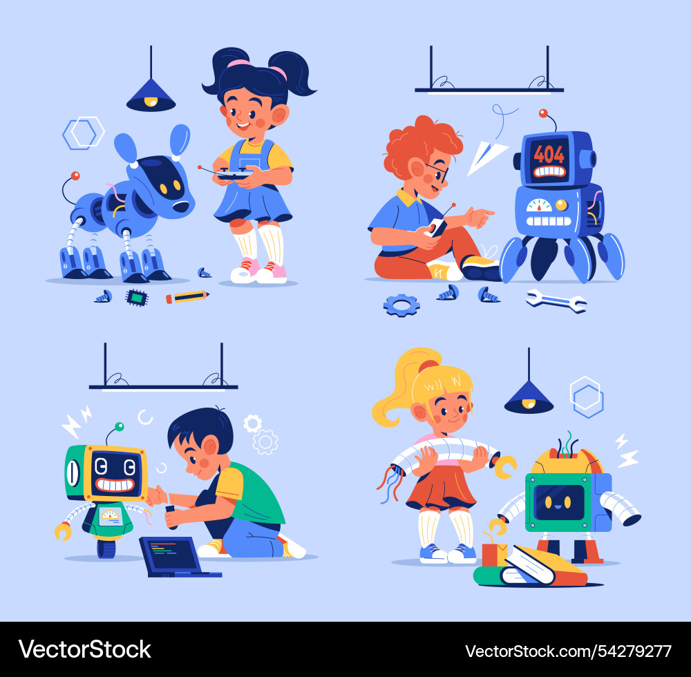 Children engaged in robot building and programming Children engaged in robot building and programming vector image