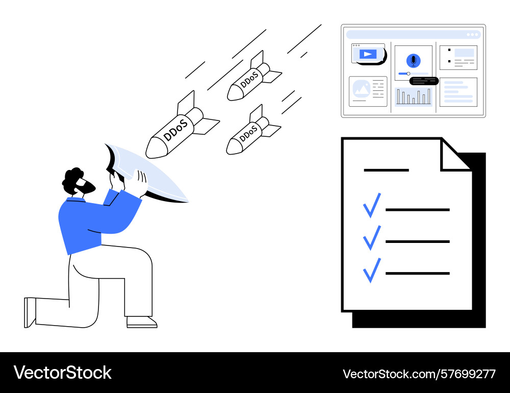Man defending against ddos attacks with shield Man defending against ddos attacks with shield vector image