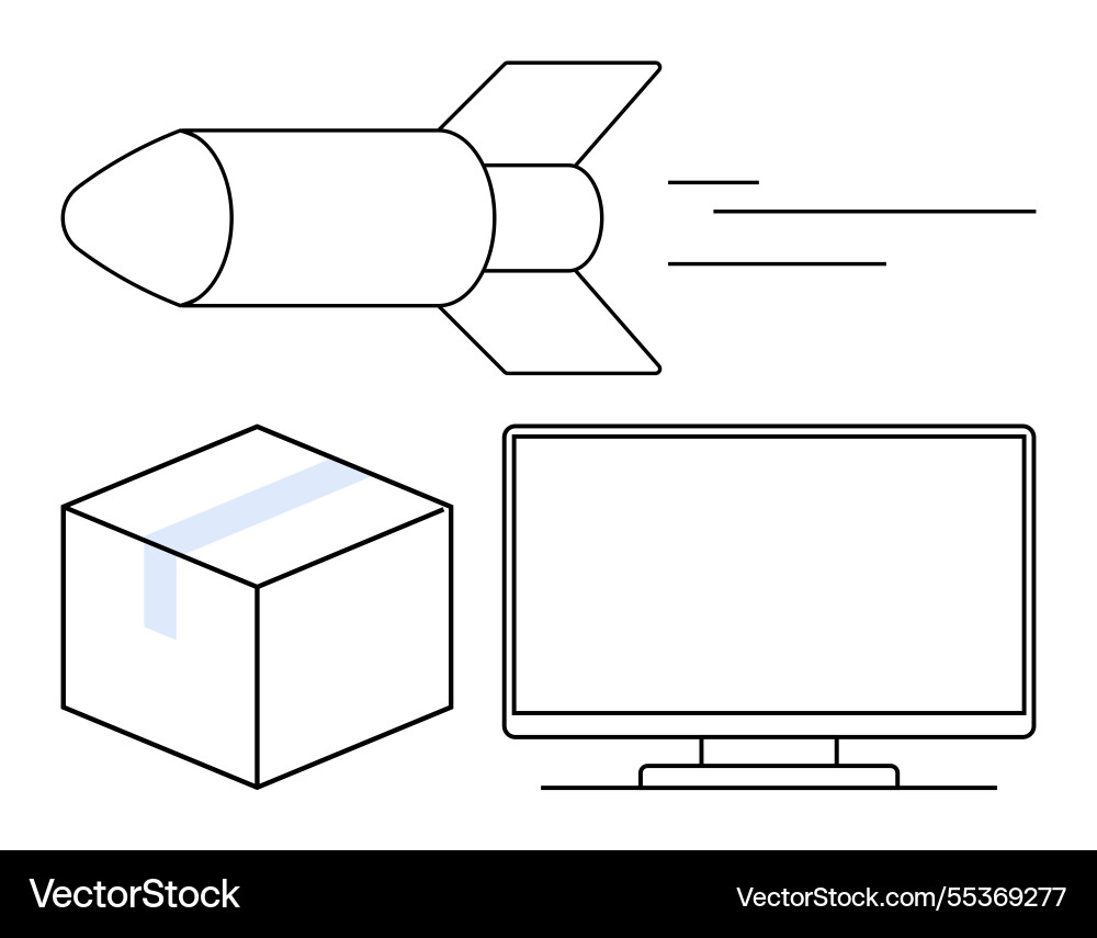 Rocket in flight with shipping box and computer Rocket in flight with shipping box and computer vector image