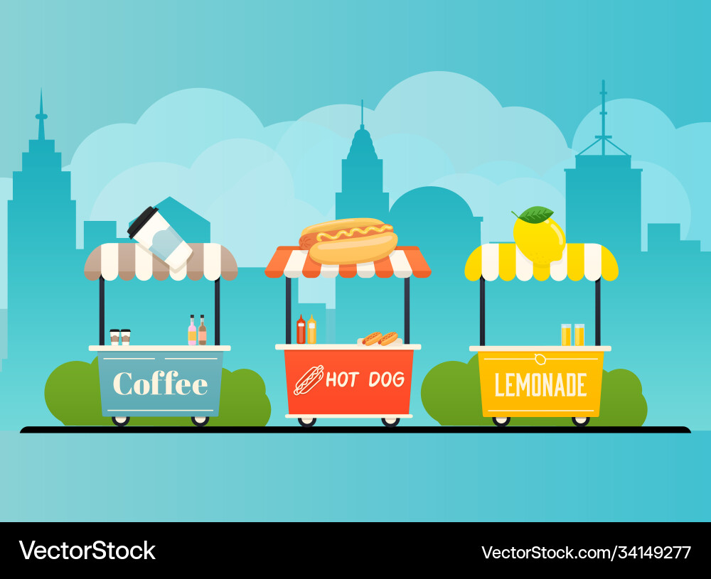 Street food cart Stadtlandschaft flaches Design Street food cart Stadtlandschaft flaches Design vektorbild