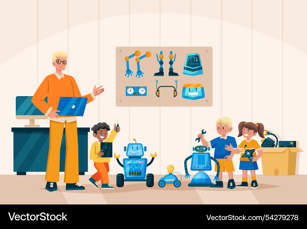 Children learning robotics in classroom Children learning robotics in classroom vector image
