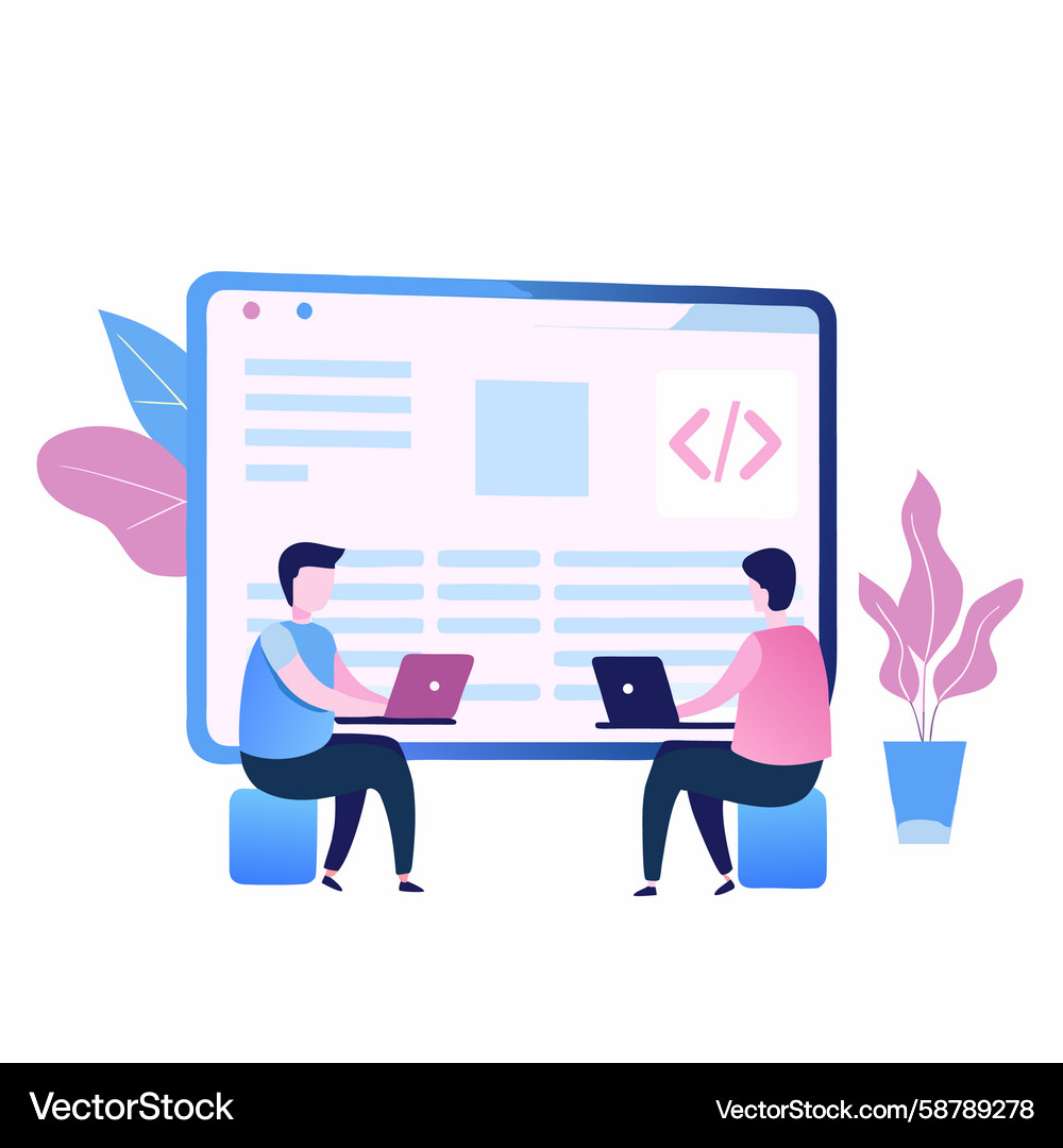 Coders working at laptops on large screen Coders working at laptops on large screen Vector Image