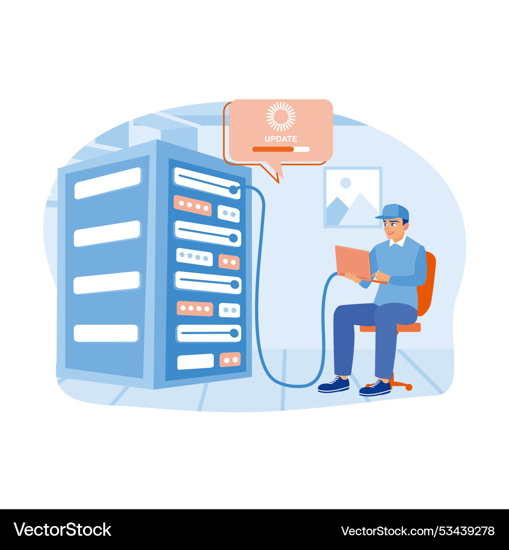 Technicians perform updates in the data center vector image
