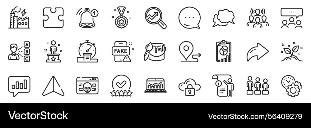 Chat message puzzle and analytics line icons pack Chat message puzzle and analytics line icons pack vector image