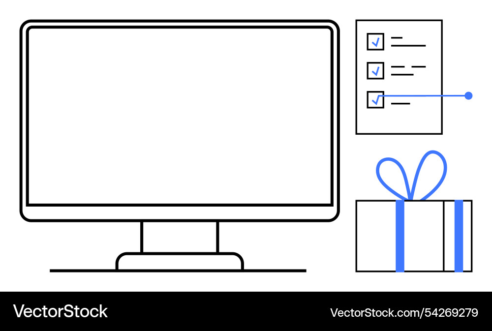 Monitor with a gift box and checklist symbolizing Monitor with a gift box and checklist symbolizing vector image