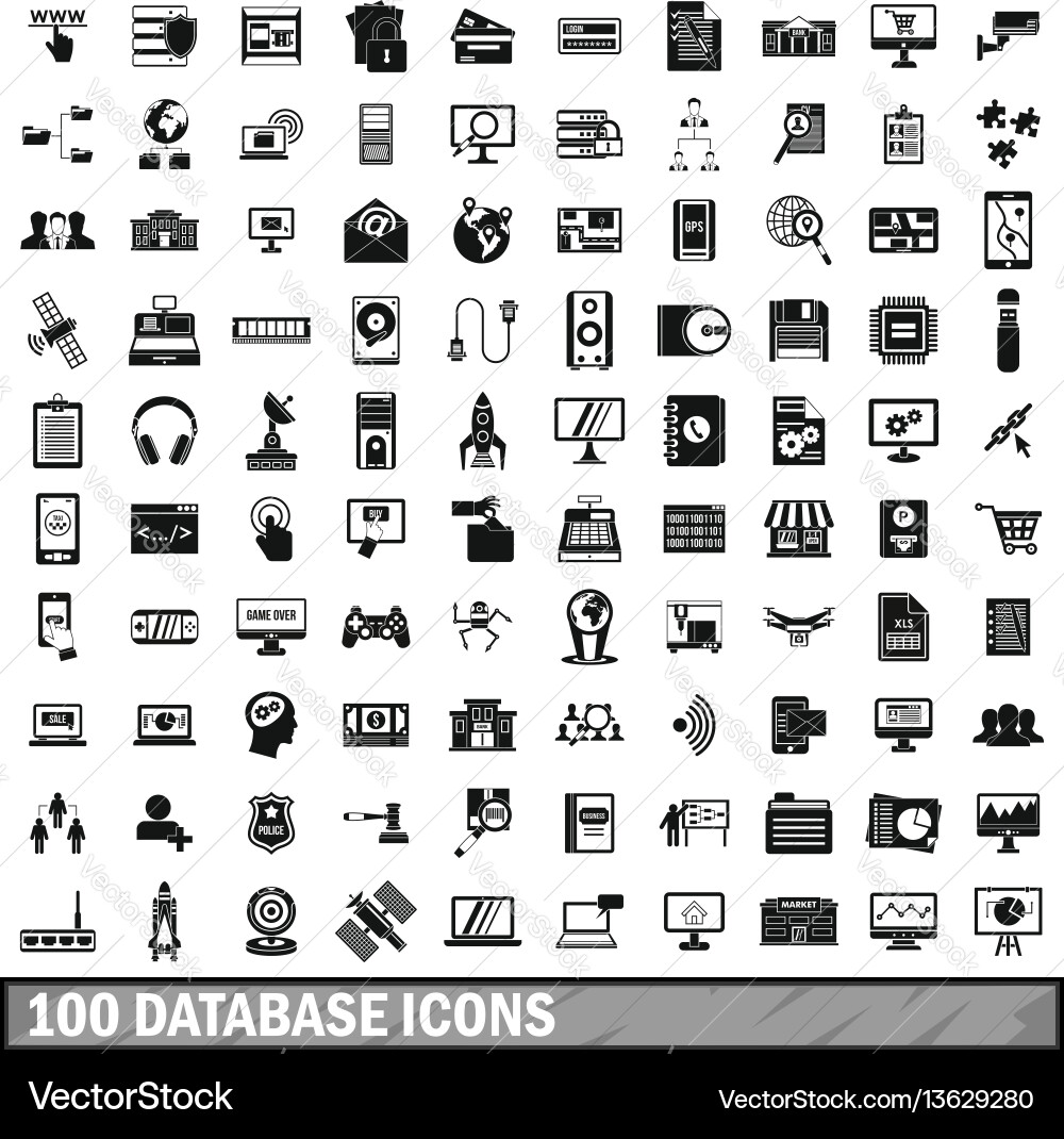 100 database icons set simple style 100 database icons set simple style vector image