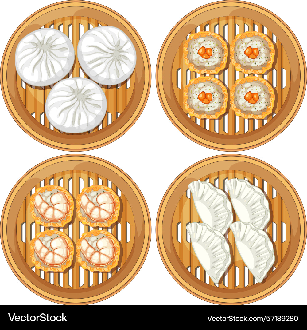 Assorted dim sum in bamboo steamers showcasing Assorted dim sum in bamboo steamers showcasing vector image
