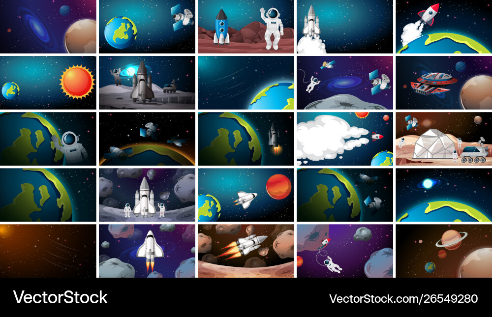 Large set different space scenes Royalty Free Vector Image
