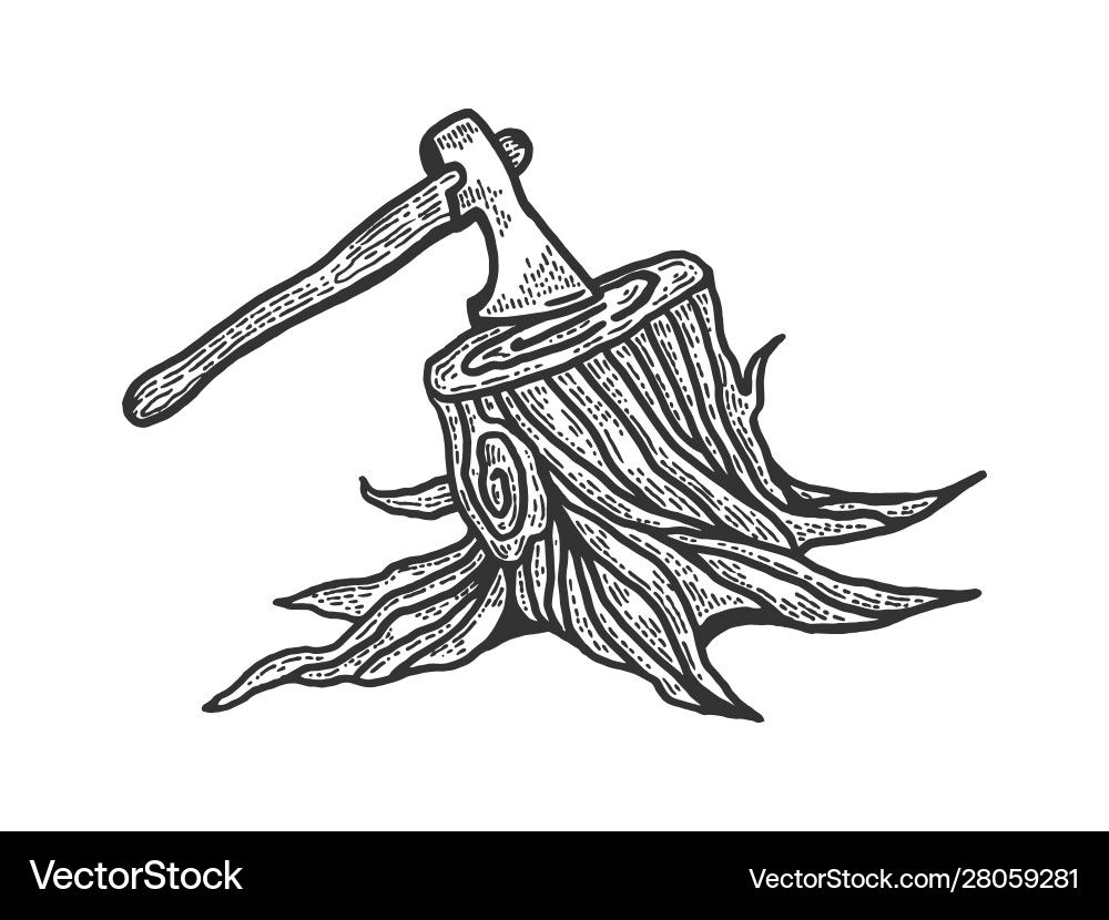 Executioner ax stuck in stump sketch vector image