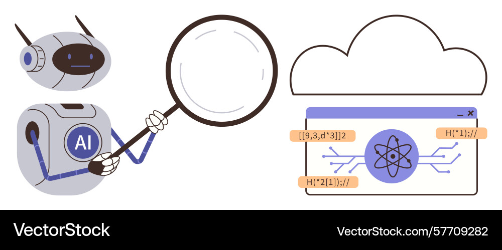 Ai robot analyzing data through magnifying glass vector image