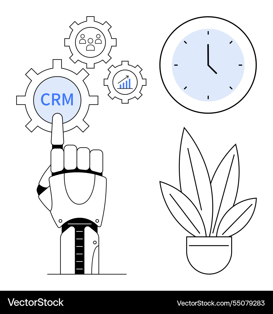 Robotic hand interacting with crm interface clock Robotic hand interacting with crm interface clock vector image