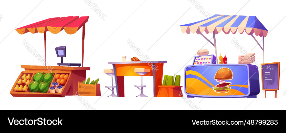 Straße Lebensmittelmarkt Stände Cartoon Straße Lebensmittelmarkt Stände Cartoon vektorbild