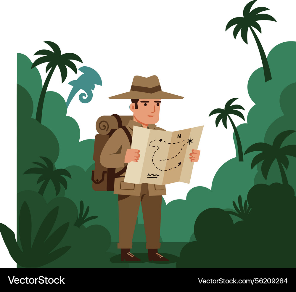 Adventurer with a map exploring lush jungle Adventurer with a map exploring lush jungle vector image