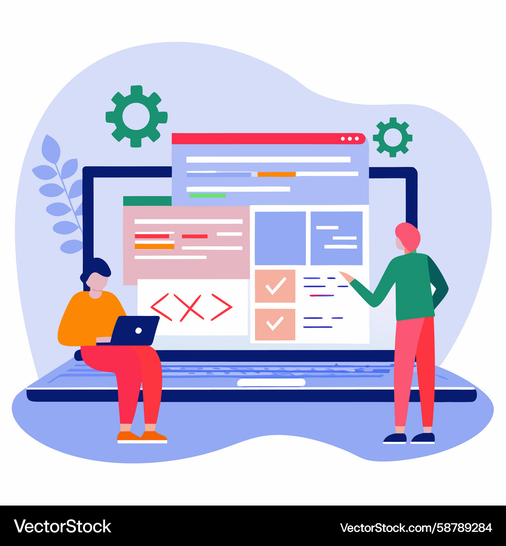 Software development two people coding on a giant Software development two people coding on a giant Vector Image