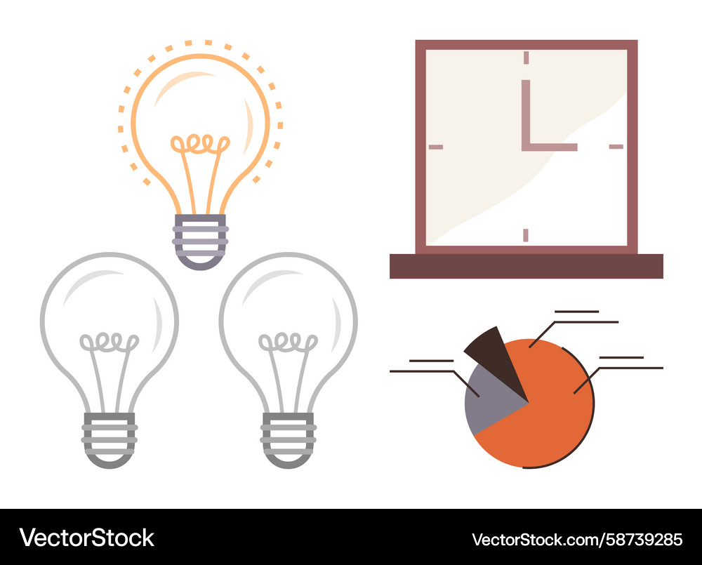 Light bulbs clock and pie chart representing Vector Image