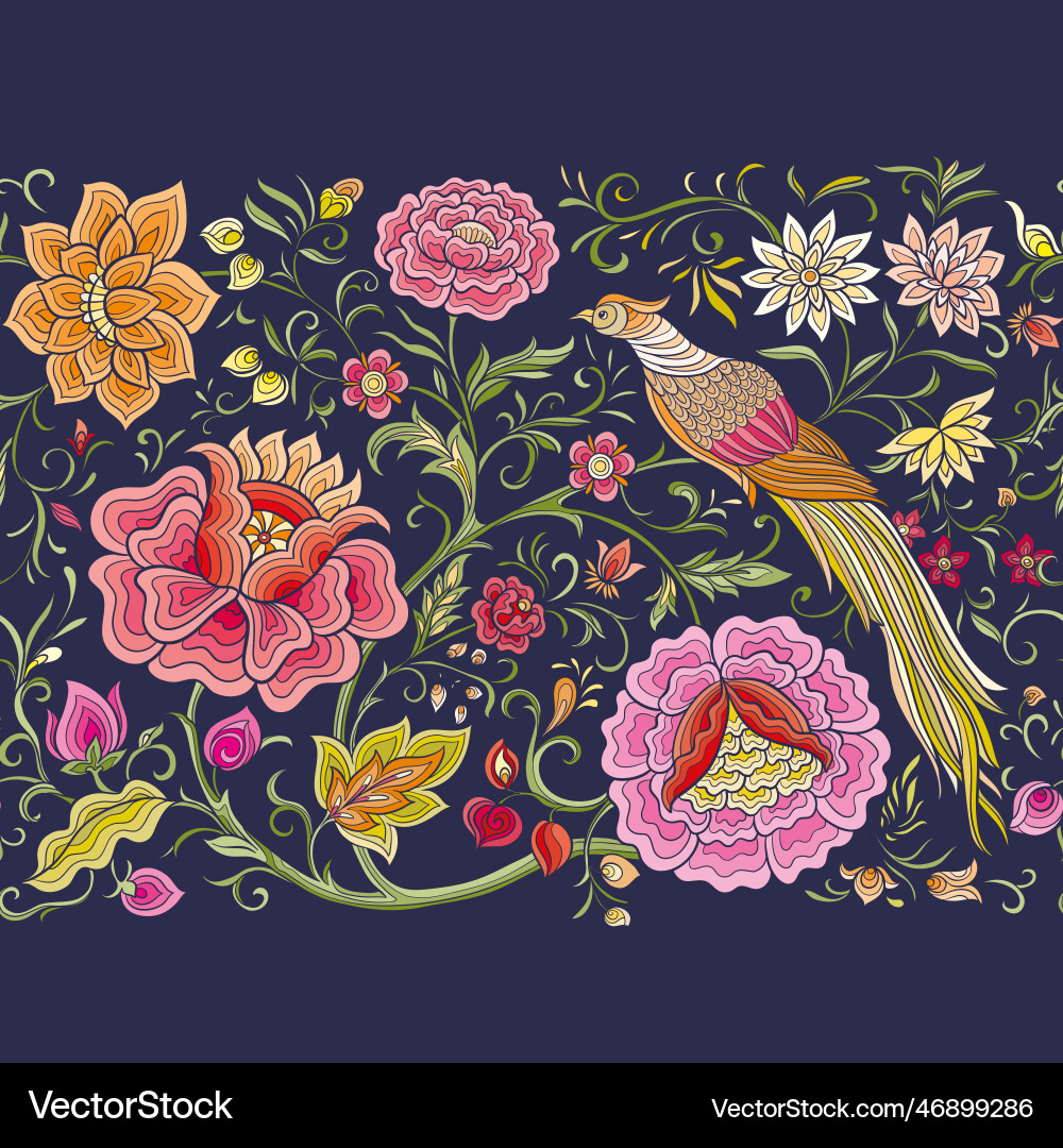 Fantasy flowers and pheasant bird in retro Fantasy flowers and pheasant bird in retro vector image