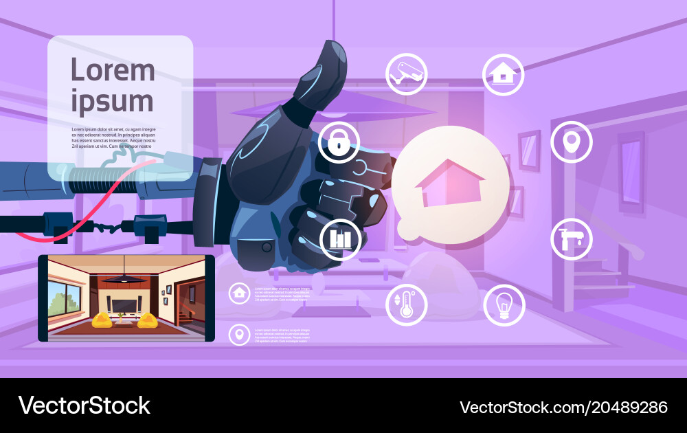 Robot hand holding thumb up over smart house Vector Image