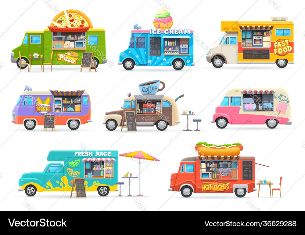 Food trucks cartoon vans for street selling vector image