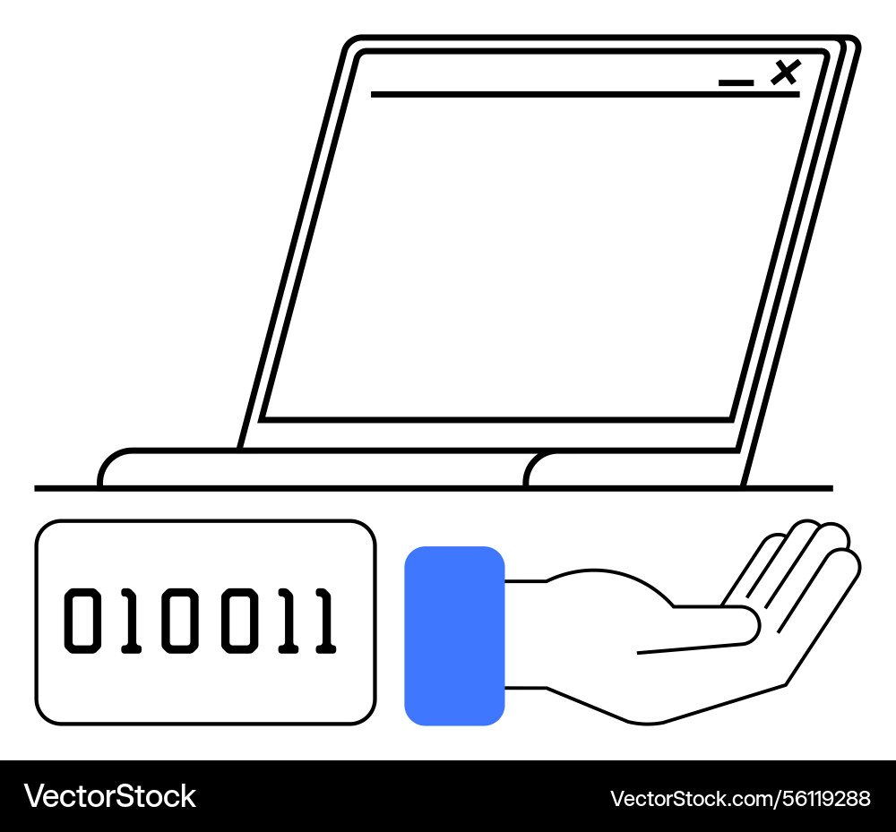 Hand presenting binary code with an open laptop Hand presenting binary code with an open laptop vector image