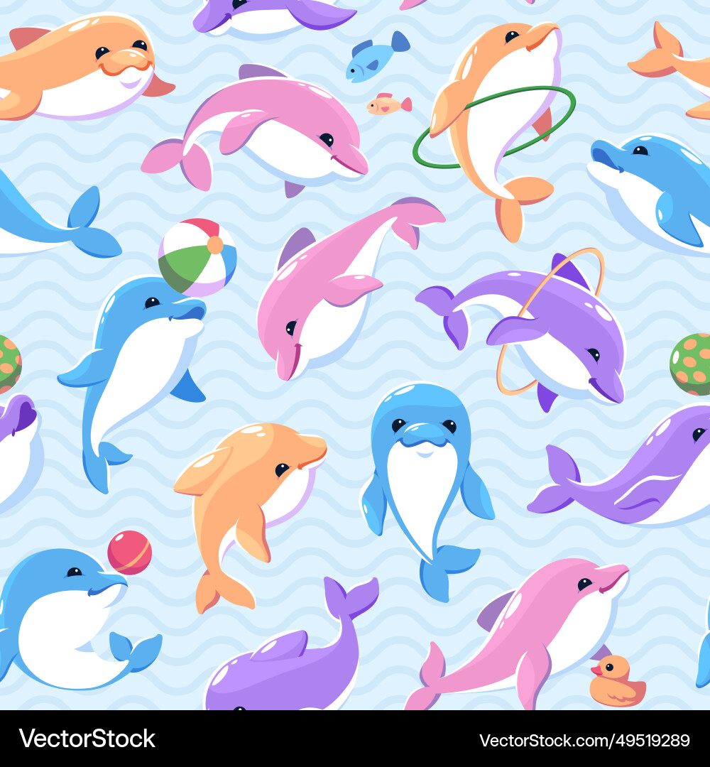 Funny color dolphins seamless pattern cartoon vector image