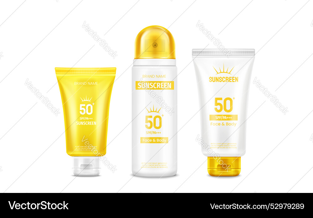 Sunscreen cream bottle and tube with yellow cap Sunscreen cream bottle and tube with yellow cap vector image
