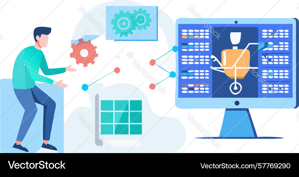 Programmer interacting with data flow and code vector image