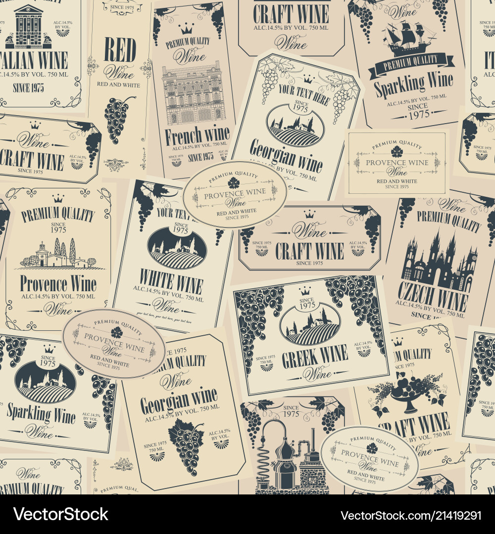 Seamless pattern with various wine labels Seamless pattern with various wine labels vector image