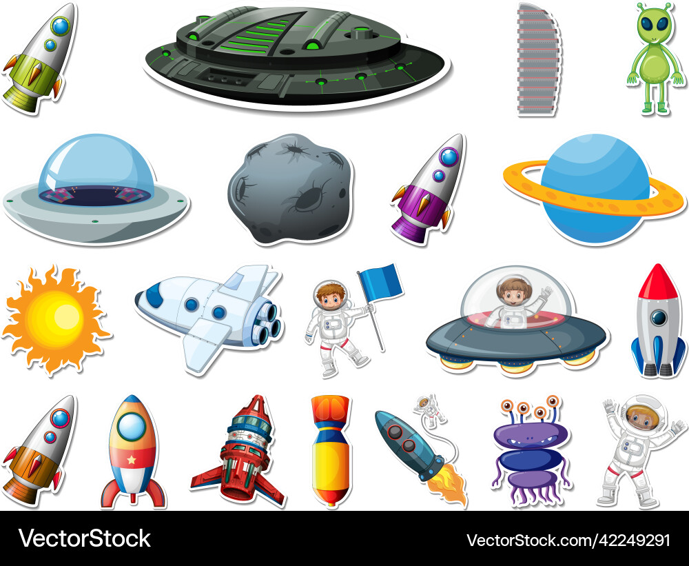 Sticker set of outer space objects and astronauts Sticker set of outer space objects and astronauts vector image