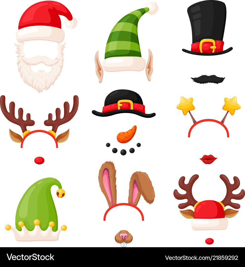 Christmas photo booth festive mask set on white Christmas photo booth festive mask set on white vector image