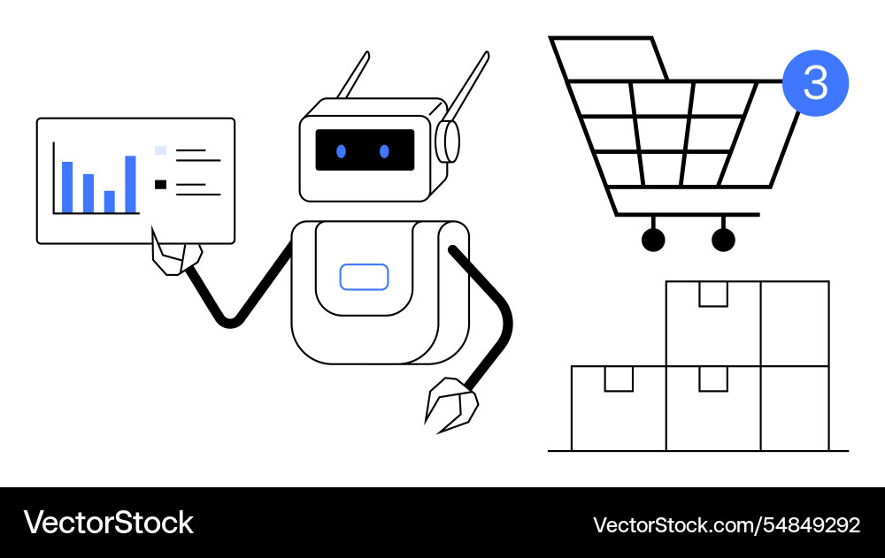 Robot analyzing data with shopping cart and boxes Robot analyzing data with shopping cart and boxes vector image