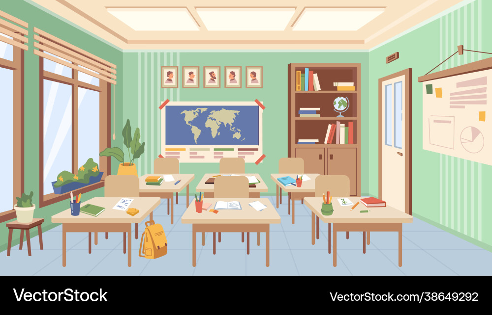 School Classroom Interior with Desks and Books Vector Image
