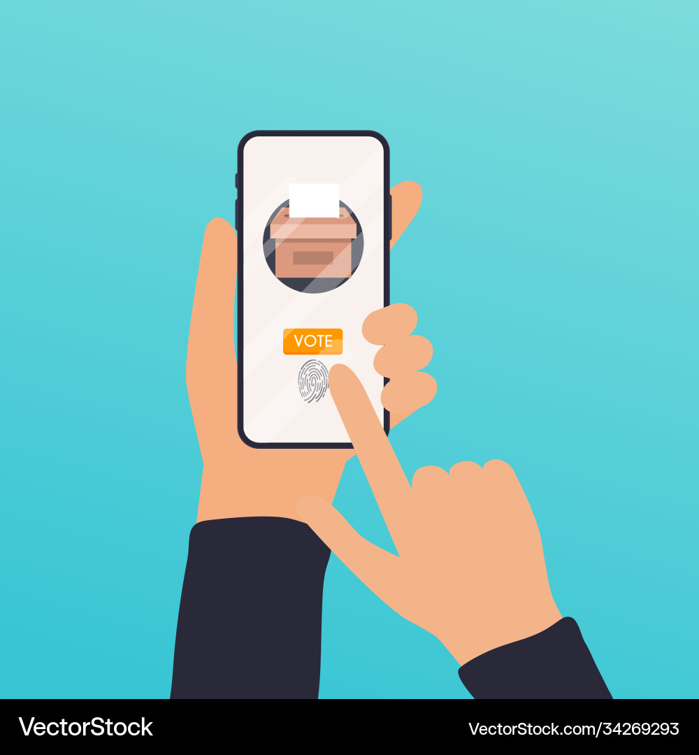 Hand holding smartphone with voting app Hand holding smartphone with voting app Vector Image