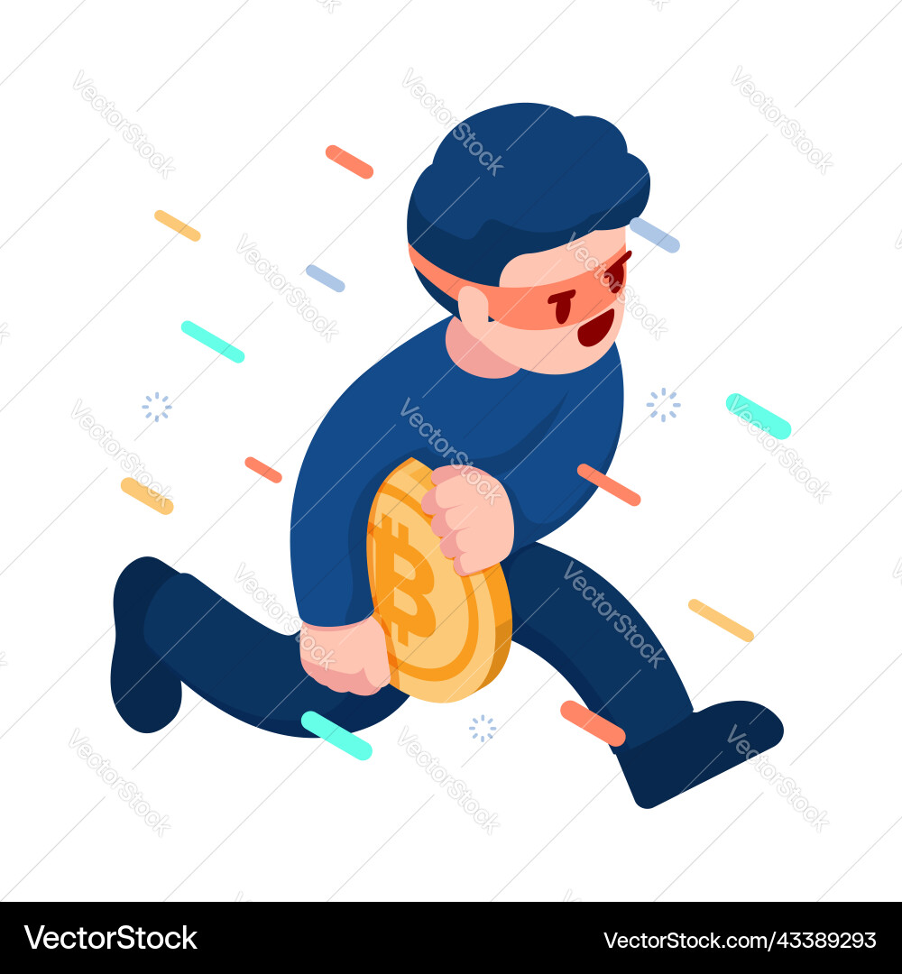 Isometric hacker or thief stealing bitcoin vector image