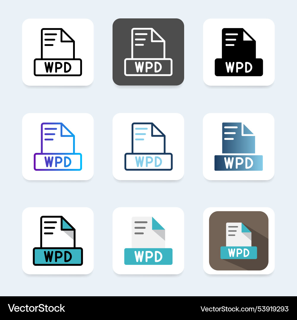 Set wpd file format icons with a variety of color Vector Image