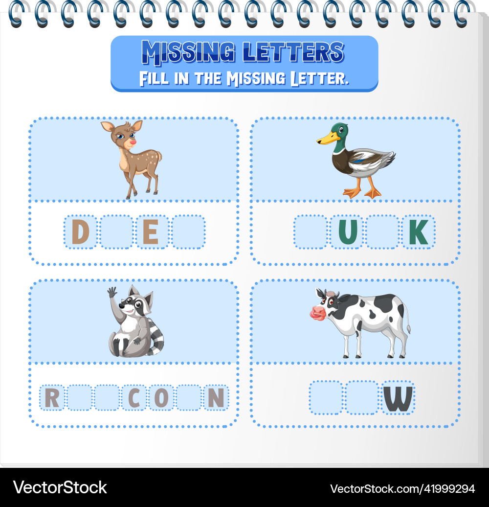 Fill the missing letter of each word worksheet Vector Image