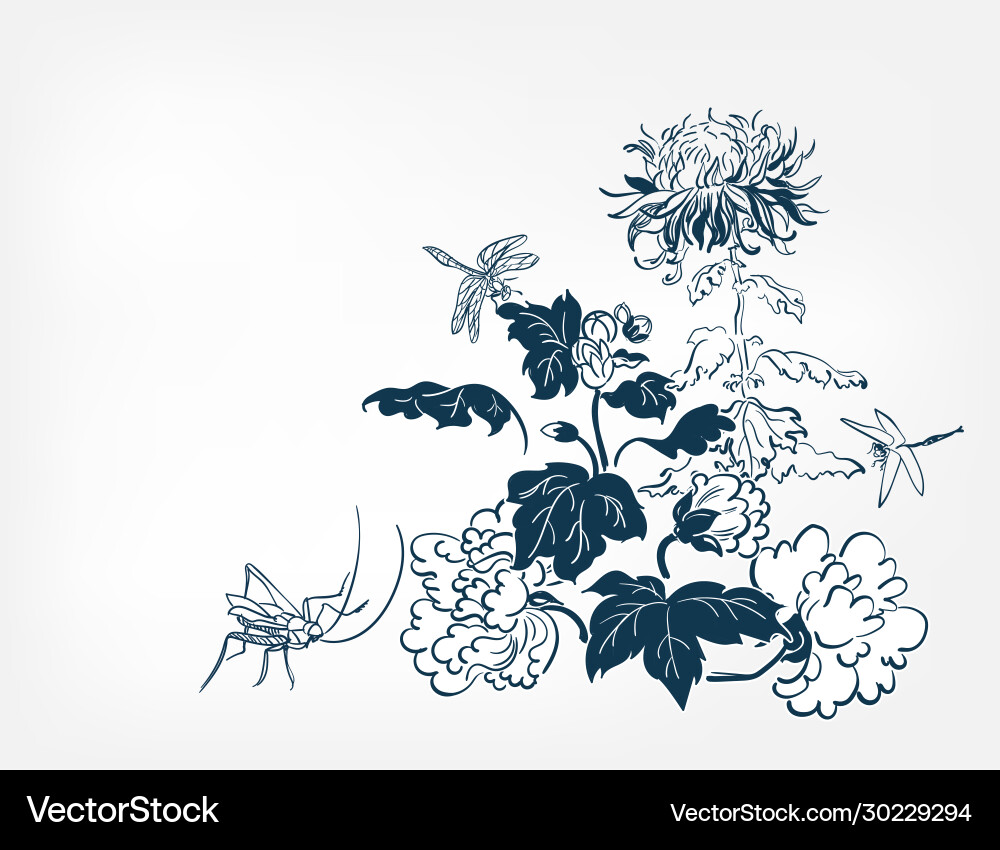 Japanese design chrysanthemums dragonfly card Japanese design chrysanthemums dragonfly card vector image